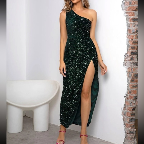 Luxe one shoulder slit thigh party formal evening wedding dress